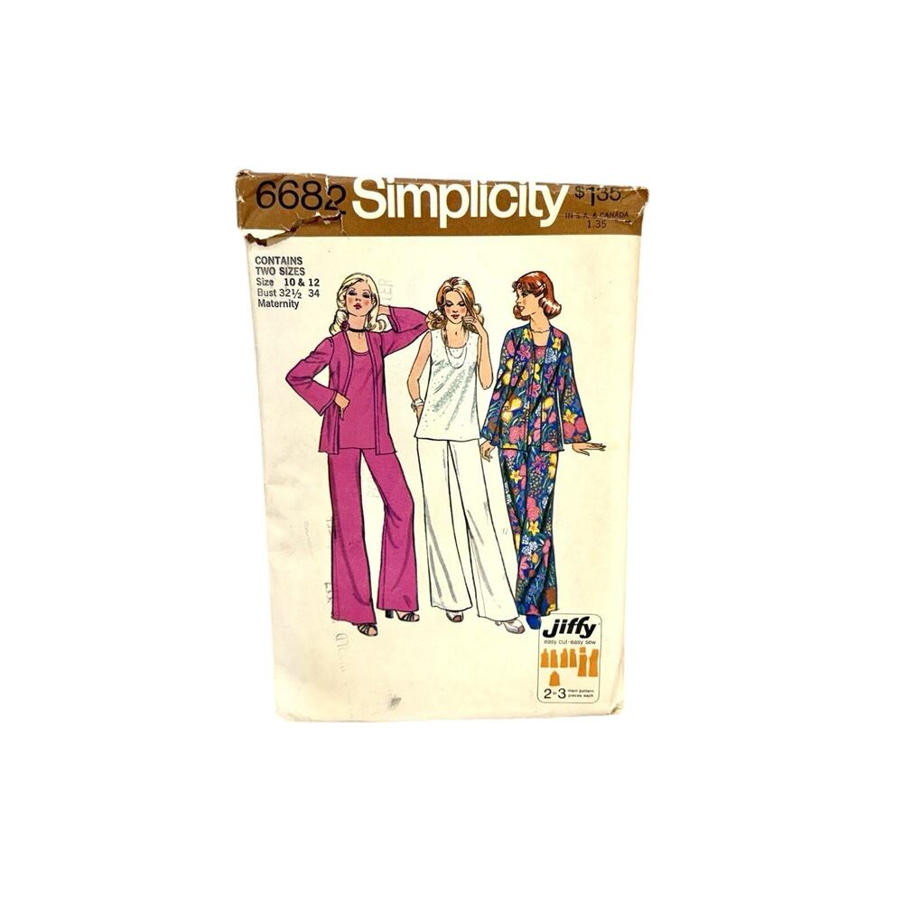 1970's VTG Simplicity Maternity Cardigan,Top&Pants Pattern 6682 Size 10-12 Uncut